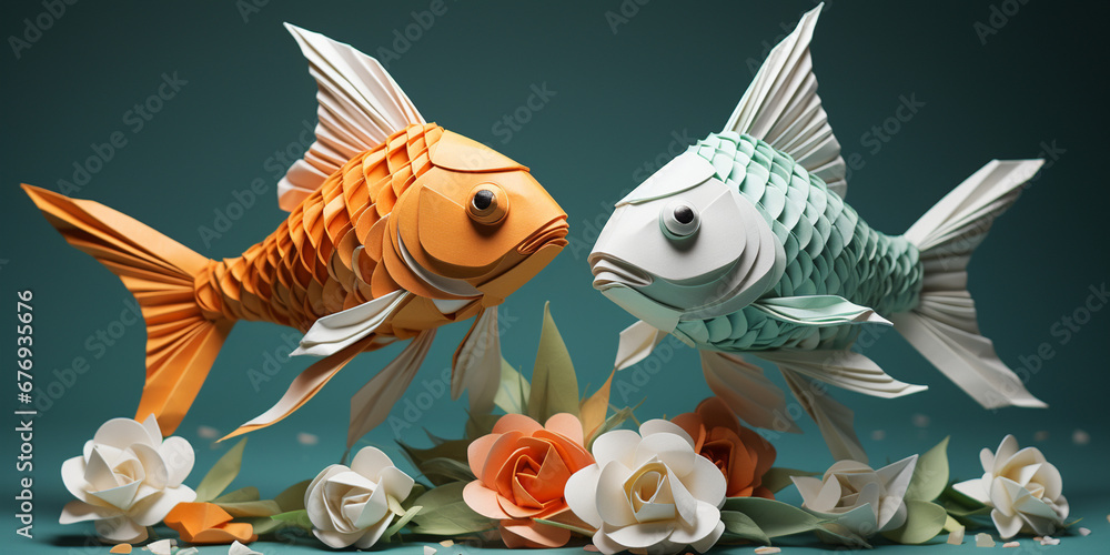 Fototapeta premium a pair of origami fish on an aquamarine background