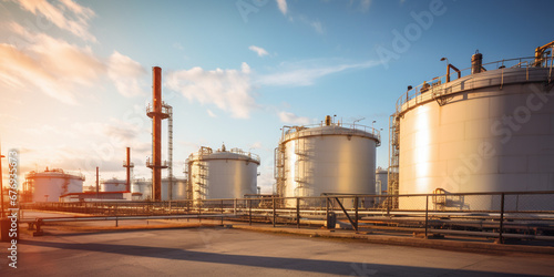Oil and gas refinery plant industrial zone. Refinery factory oil storage tank