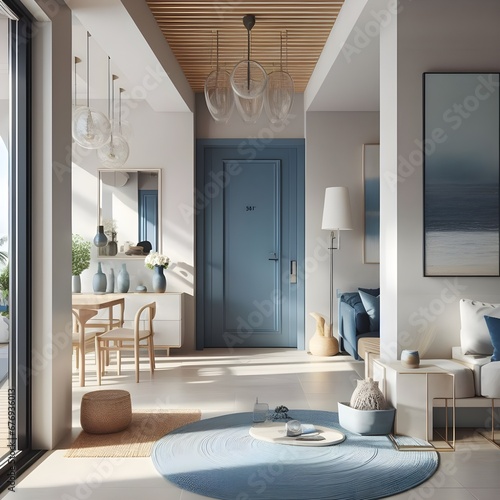  Modern living room with blue door and round ru