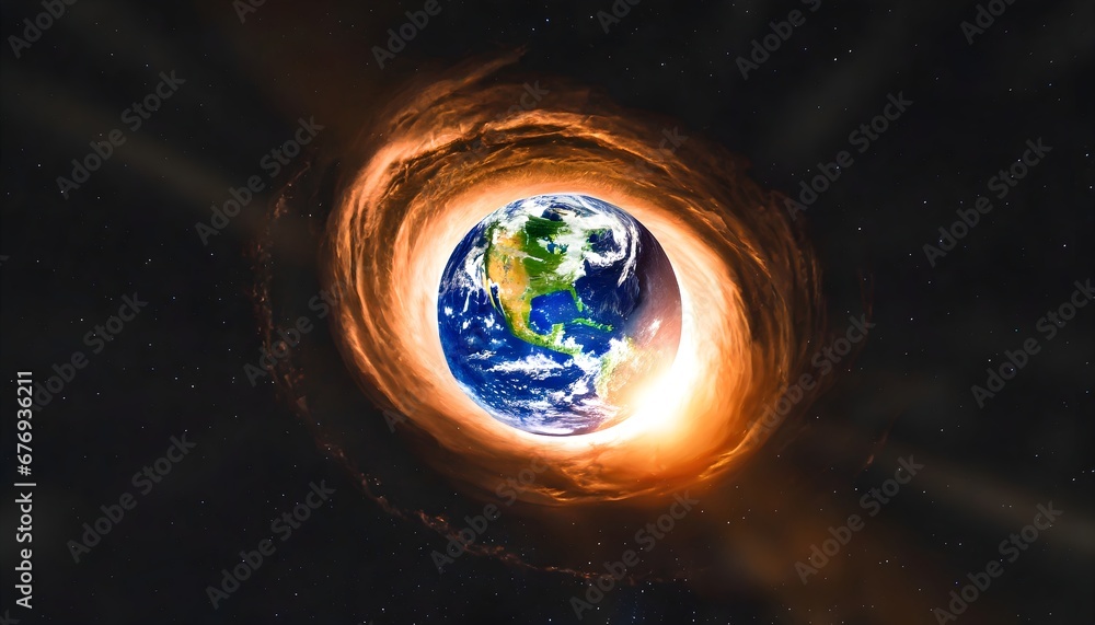 Fototapeta premium Planet Earth attracted by a black hole in deep space. American continent visible on the Earth's surface.