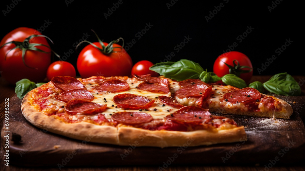 Close-up of freshly baked pizza on wooden table, generated by AI