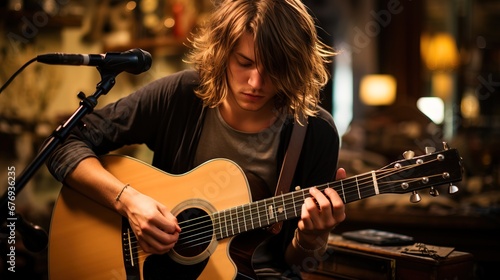 Young man playing acoustic guitar in music store.