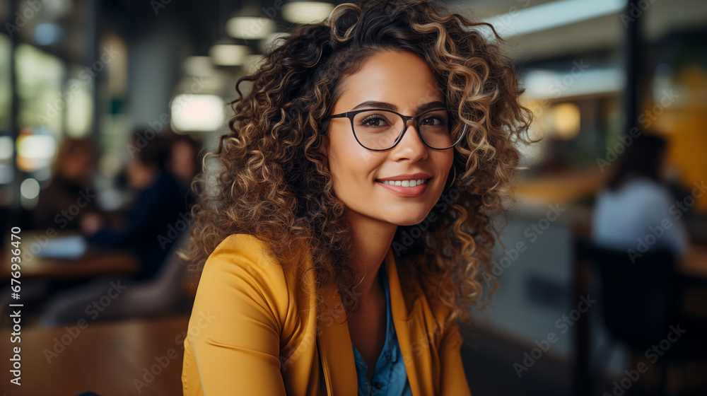 Cheerful Young Businesswoman with Curly Brown Hair Smiling in Office Portrait Cheerful Young Businesswoman with Curly Brown Hair Smiling in Office Portrait