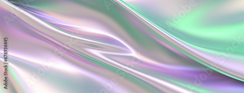 Holographic background in 80s style. Iridescent wavy gradient cloth. Holo abstract banner.