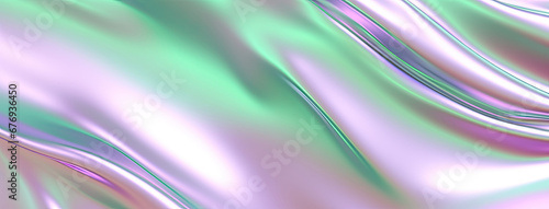 Holographic background in 80s style. Iridescent wavy gradient cloth.