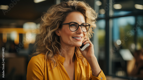 Smiling Businesswoman Using Smartphone for Communication Indoors