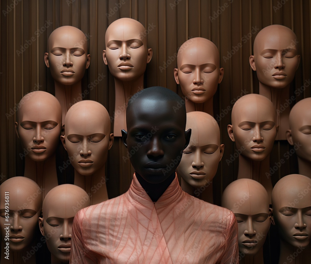 African woman expresses individuality surrounded by identical bald mannequins African woman expresses individuality surrounded by identical bald mannequins