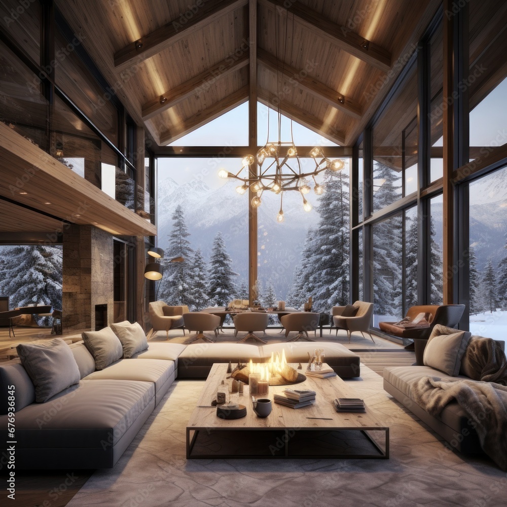 Exquisite living space with elegant furnishings and majestic winter landscape visible through large windows Exquisite living space with elegant furnishings and majestic winter landscape visible through large windows