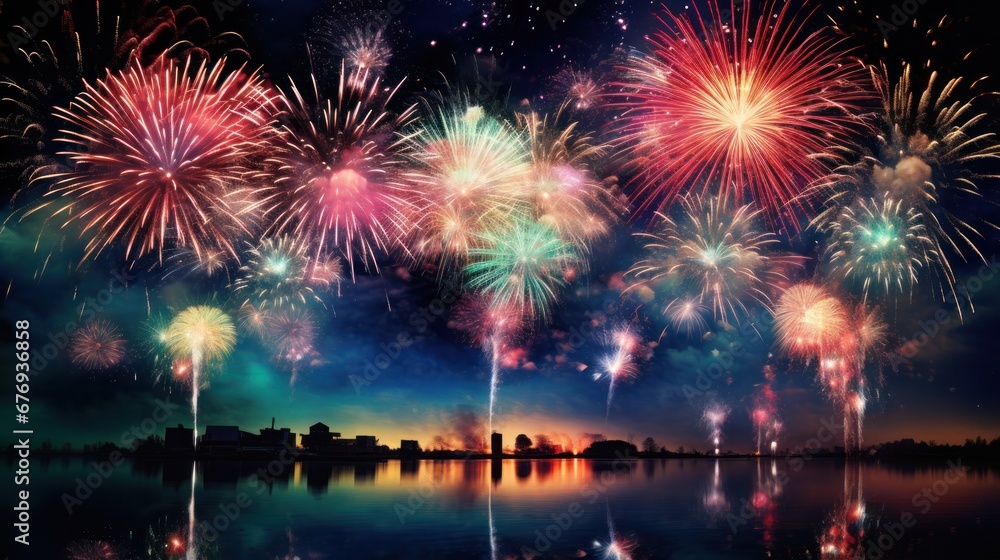 A mesmerizing fireworks display reflects over a lake, creating a brilliant symphony of color