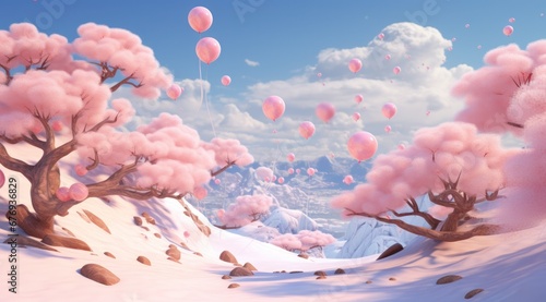 Fantasy landscape with cherry blossom trees and myriad balloons soaring into a serene sky photo