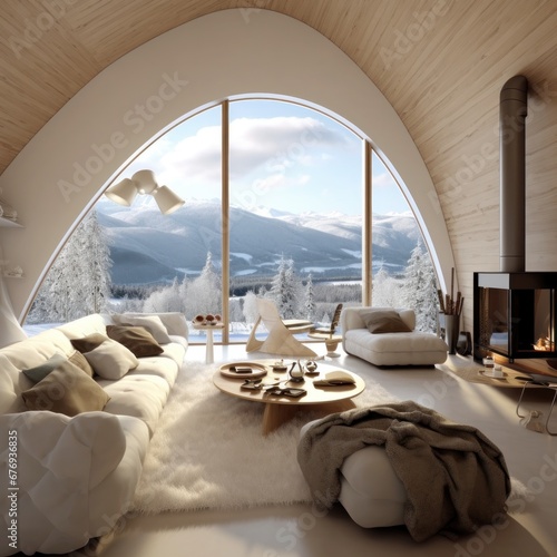 Stylish mountain chalet interior featuring a fireplace and a unique window arch with spectacular views