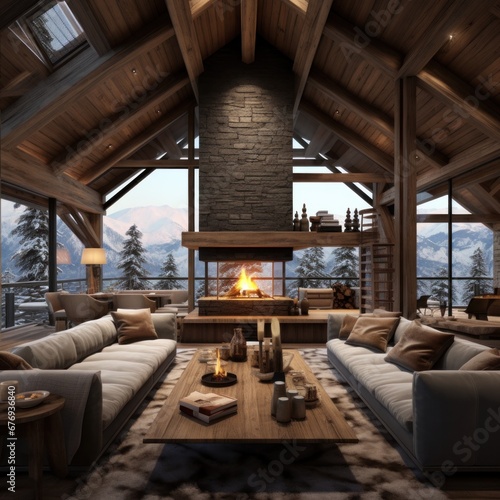 Charming rustic cabin interior with roaring fireplace and wooden beams, set against a snowy mountain backdrop © mockupzord