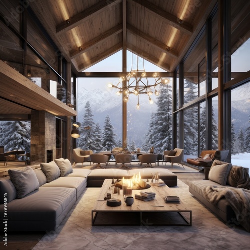 Exquisite living space with elegant furnishings and majestic winter landscape visible through large windows