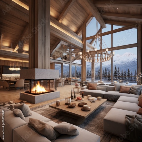 Luxurious spacious living area with stylish furniture and central fireplace, surrounded by snowy alpine landscape © mockupzord