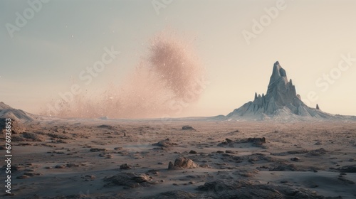 Futuristic alien terrain with mysterious dust bursts and dramatic spike-shaped rock formations under a vast sky photo