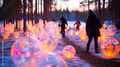 A surreal scene with illuminated orbs casting a warm glow on snow, as people wander in a forest at dusk photo