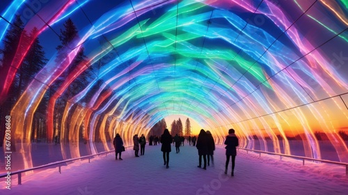 A futuristic light tunnel glows with brilliant colors, contrasting against the snowy outdoor scene