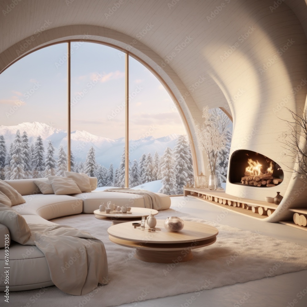 An exquisitely designed winter home interior, complete with a modern fireplace and stunning frosty view An exquisitely designed winter home interior, complete with a modern fireplace and stunning frosty view