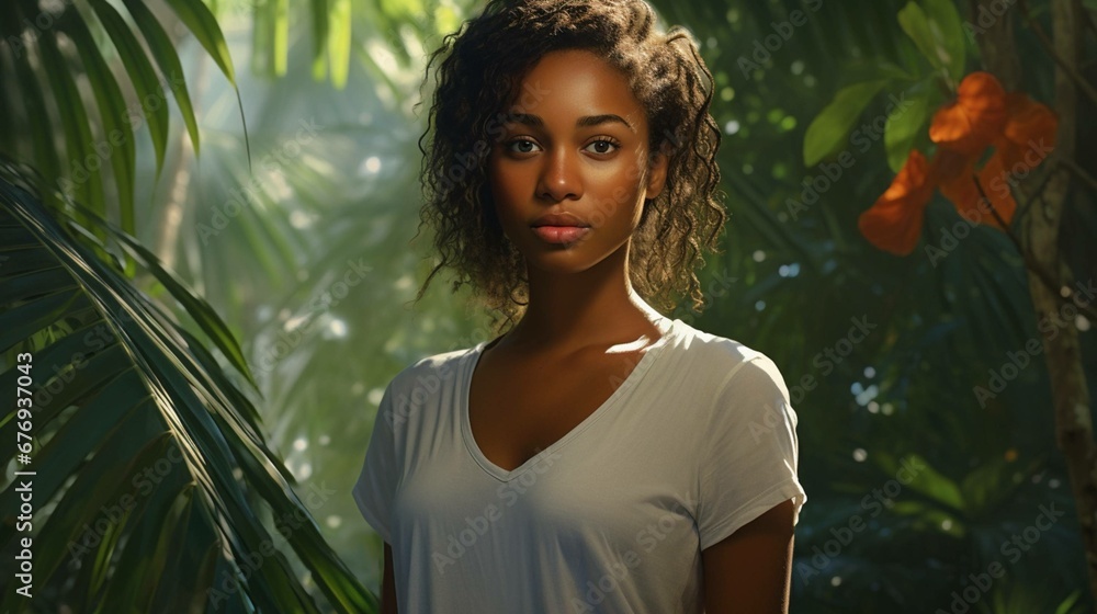 Portrait of a dark-skinned 20-year-old girl in the tropical forest early in the morning. A beautiful young woman with natural make-up stands in the jungle among exotic plants. Portrait of a dark-skinned 20-year-old girl in the tropical forest early in the morning. A beautiful young woman with natural make-up stands in the jungle among exotic plants.