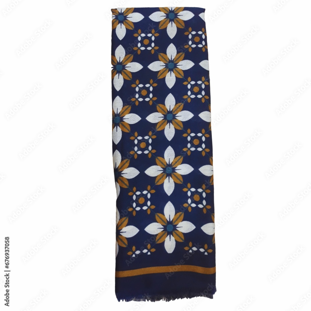 Dark blue scarf with a border of wool and cashmere, patterns of flowers, on a white background Dark blue scarf with a border of wool and cashmere, patterns of flowers, on a white background
