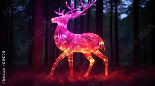 Vibrant purple neon lit deer stands in a darkened forest  creating an ethereal ambiance