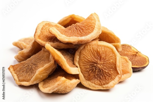 A pile of dried figs on a white surface.