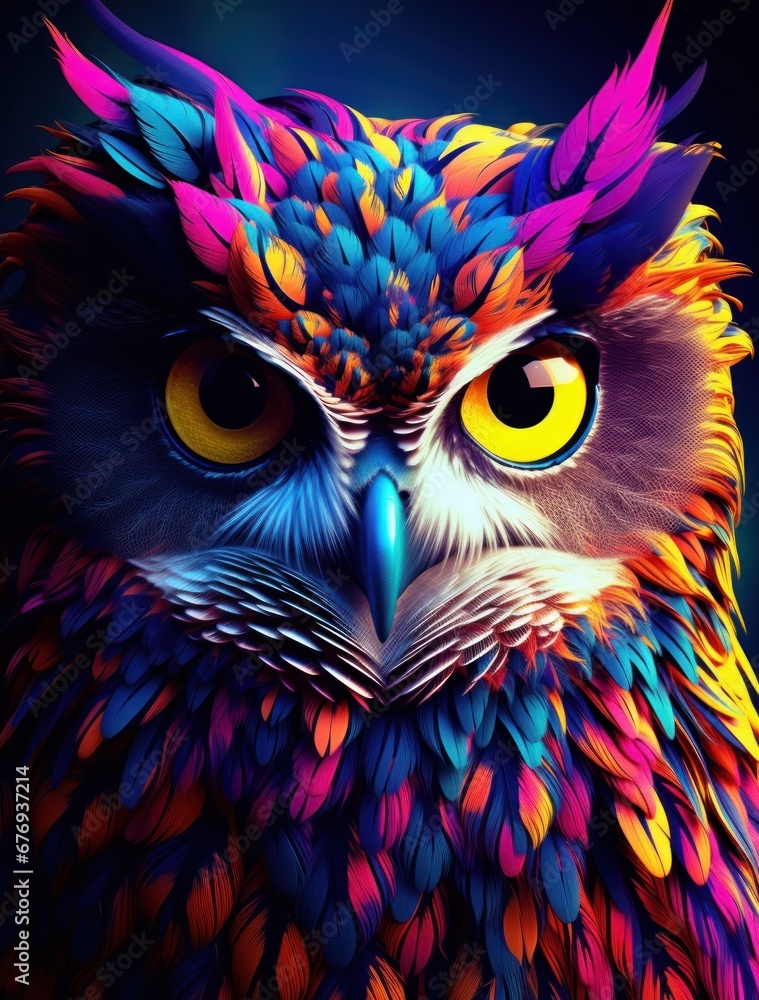 Vibrant and artistic depiction of an owl, showcasing a plethora of colors in a stunning digital art style