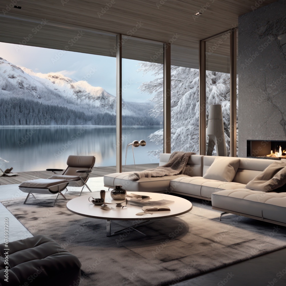 Sophisticated living space with minimalist design, overlooking a breathtaking winter lake scene