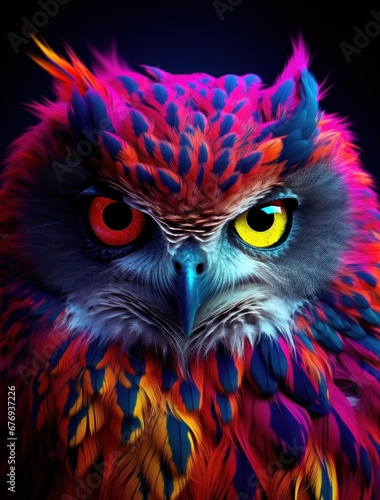 A visually arresting digital painting of an owl with striking colors and sharp details in its feathers and eyes © mockupzord