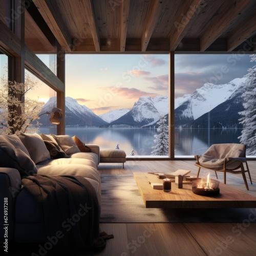 Elegant living room with plush sofas  fireplace  and stunning mountain landscape through large window