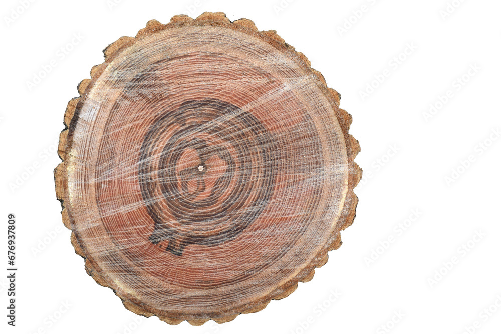 Cross section of a lumber log. Isolate on white background. Forestry woodworking industry. Cross section of a lumber log. Isolate on white background. Forestry woodworking industry.