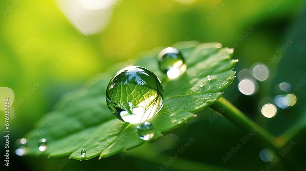 Close-up view of vibrant green leaf adorned with glistening water droplets, capturing the beauty of nature's intricate details Close-up view of vibrant green leaf adorned with glistening water droplets, capturing the beauty of nature's intricate details