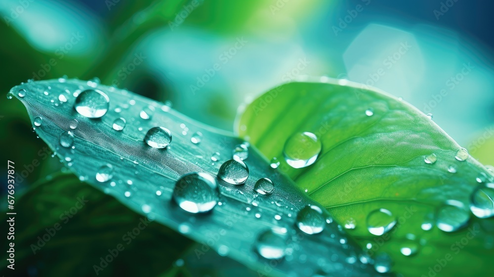 Close-up view of vibrant green leaf adorned with glistening water droplets, capturing the beauty of nature's intricate details Close-up view of vibrant green leaf adorned with glistening water droplets, capturing the beauty of nature's intricate details
