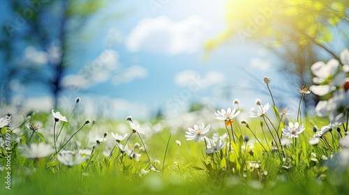 Beautiful spring landscape with Selective soft focus. Branches of a flowering tree in nature Park and rural road against blue sky with white clouds and bright sunligh