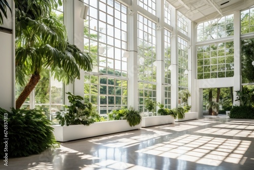 Space for large events in the atrium of the double height conservatory or greenhouse with large windows and natural sunlight photo