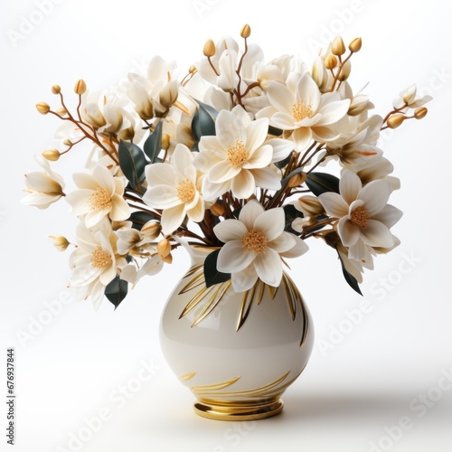 A white vase with white flowers in it. Realistic clipart on white background