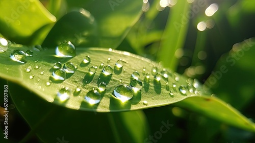 Close-up view of vibrant green leaf adorned with glistening water droplets, capturing the beauty of nature's intricate details photo