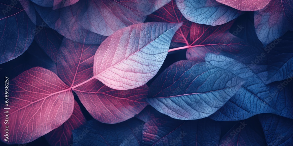 Macro leaves background texture is blue, turquoise, and pink color. Transparent leaves of the skeleton. Macro leaves background texture is blue, turquoise, and pink color. Transparent leaves of the skeleton.