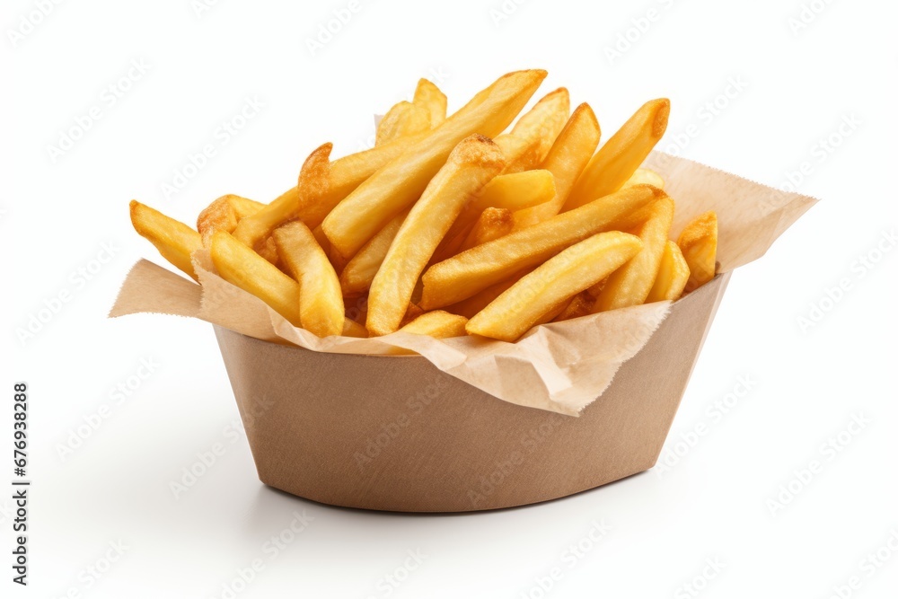 Delicious Classic French Fries Served in a Crispy Paper Packet, Isolated on a Clean White Background Delicious Classic French Fries Served in a Crispy Paper Packet, Isolated on a Clean White Background