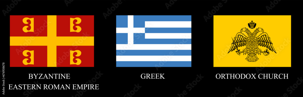 Byzantine flag vector illustration isolated on black background. Eastern Roman Empire flag emblem banner. Greek flag of Greece. Greek orthodox church symbol. - obrazy, fototapety, plakaty 