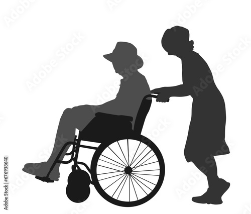 Mature woman pushing strolling with senior man patient in wheelchair vector silhouette. Patient in wheelchair isolated on white. Nurse support injured man. Hospital paramedic Social worker activity.