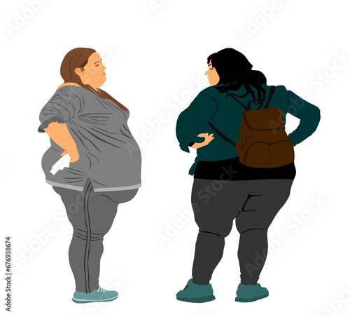 Fat friends woman couple vector illustration isolated on white. Overweight person walk trouble. Big girls think about food. Lady weight loss activity. Losing weight health care. Big belly.