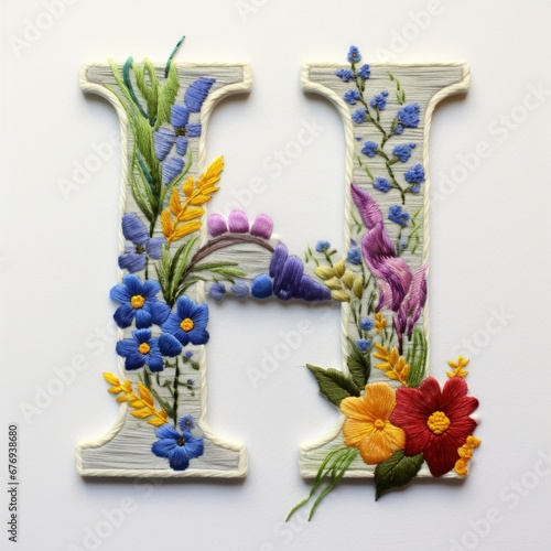 The letter h is decorated with colorful flowers. Embroidery effect, floral design. photo