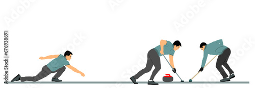 Curling players crew on ice vector illustration isolated on white. Winter sport game. Team work man delivering stone on curling rink sliding over ice. Boy brushing ice directing stone.