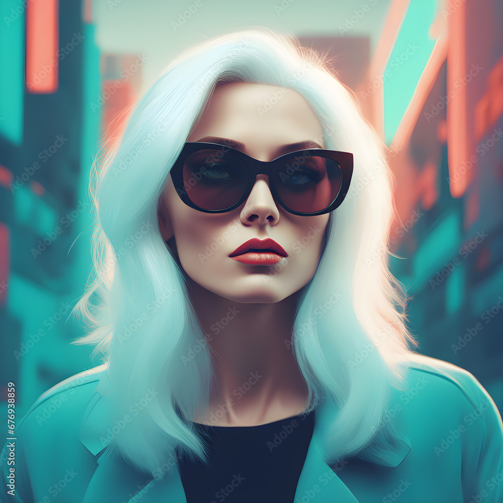 a beautiful futuristic white hair woman portrait with extravagant sunglasses a beautiful futuristic white hair woman portrait with extravagant sunglasses