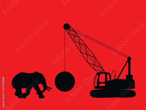 Elephant male natural power against industrial power wrecking ball crane vector silhouette illustration isolated on white. Safari African animal defense nature habitat against man occupation invasion.