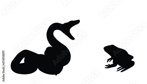 Curl open jaws snake attack frog prey vector silhouette illustration isolated on white background. Black serpent. Poison snake shape shadow. Deadly venom predator. Danger treat. Natural food chain.