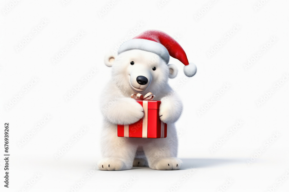 Polar bear in Christmas, red hat with presents. New Year's holiday concept.