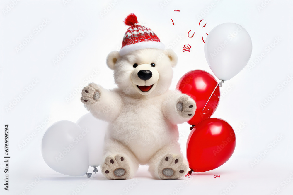 Polar bear in Christmas, red hat with presents. New Year's holiday concept. Polar bear in Christmas, red hat with presents. New Year's holiday concept.