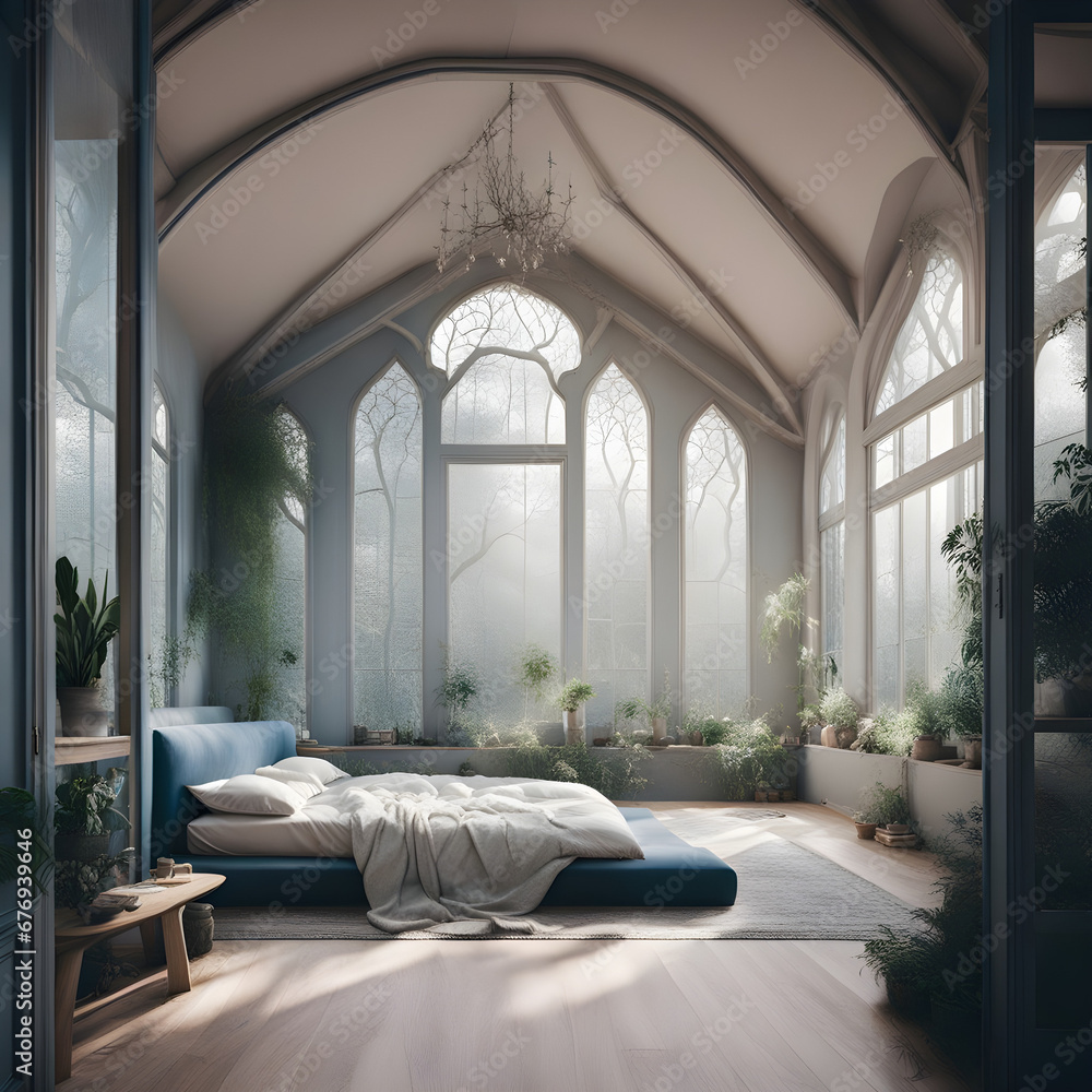 a beautiful interior of a bedroom with big windows and a high ceiling - commercial magazine photography style a beautiful interior of a bedroom with big windows and a high ceiling - commercial magazine photography style